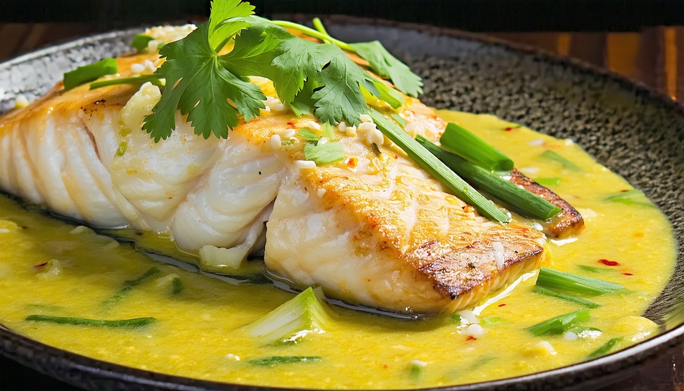 baked fish filet with no head but has a tail in a lemongrass sauce garnished with cilantro it should look asian on a plate make sure the fish has no head-1