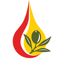 A red and yellow drop with a green olive leaf in front