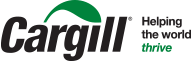 Cargill in black with a green leaf over it and the words helping the world thrive to the right in green and black text