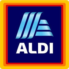 Aldi logo with the word ALDI written below in white and a blue, red, orange, and yellow square behind it (in that order)