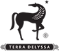 A black horse looking backwards with an olive branch as its mane and Terra Delyssa written below in white text on a black banner