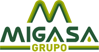 Migasa written in dark green text with a light and dark green m above and Grupo written below in light green with two light and dark green lines on either side