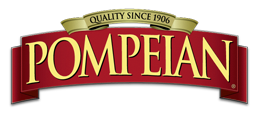 Pompeian written in gold on a red banner with Quality Since 1906 written above in black text on a gold banner