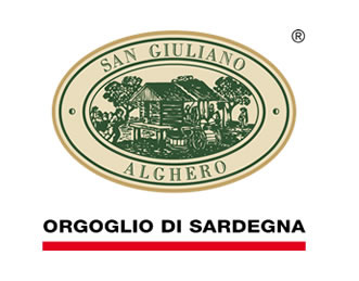 Orgoglio Di Sardegna written in black text above a red line with a beige oval above that has San Giulano Alghero written around it and a drawing of a house inside (both in green)