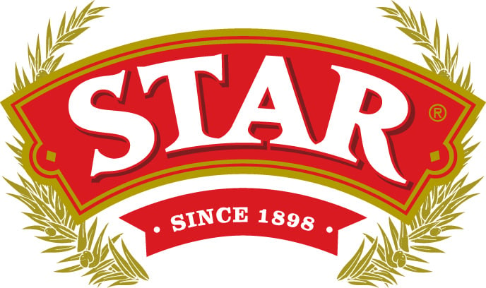 Star in white text with a red and gold banner behind it, since 1898 written below in white text with a red banner and olive leaves on either side