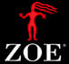 Zoe in white text with a black background and a red figure above
